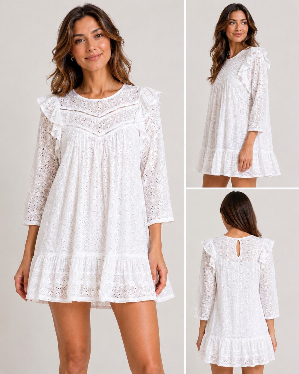 NWT DRA Los Angeles Eyelet Ruffle Short Mini Dress Women’s Sz Medium White